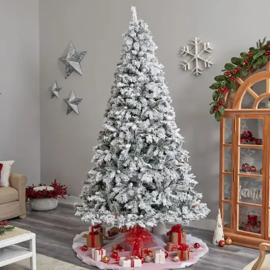 9ft. Pre-Lit Flocked White River Mountain Pine Artificial Christmas Tree, Clear LED Lights {5}