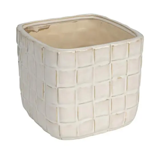 Hello Honey&reg; 6.25" White Debossed Woven Grid Patterned Stoneware Planter {1}