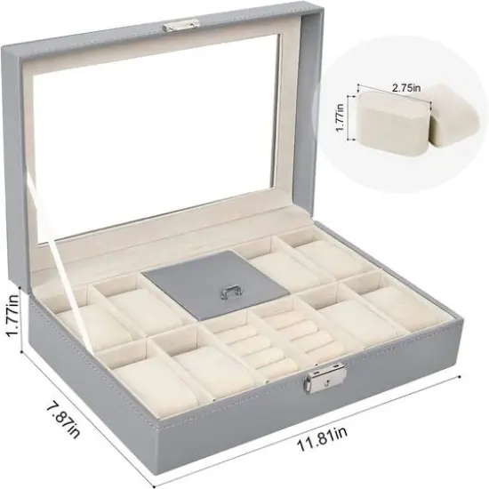 NEX&trade; 12" 8-Slot Gray Lockable Artificial Leather Watch Case Organizer {3}