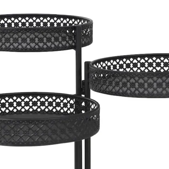 20" Metal Curved Folding 3-Tier Plant Stand with Floral & Scroll Patterns Black {5}