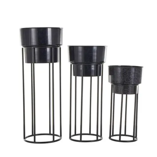 Black Metal Wash Textured Planter with Open Framed Black Caged Base Set {9}