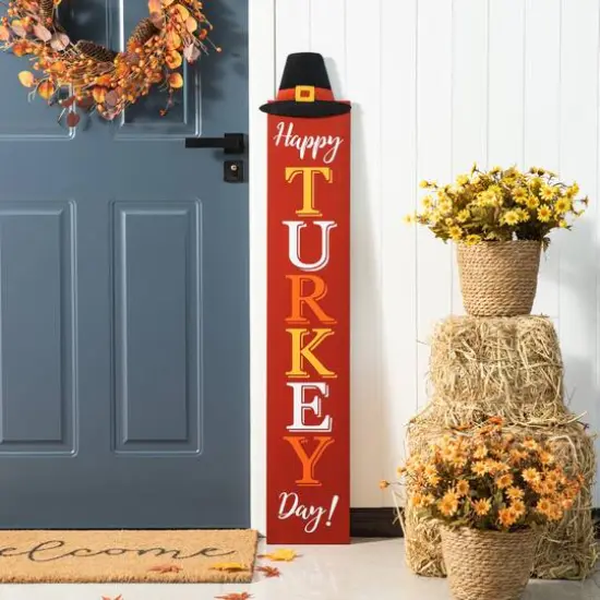 Glitzhome&reg; 58.5" Thanksgiving Wood "HAPPY TURKEY DAY" Porch Sign {4}