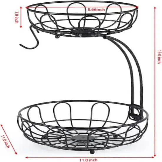NEX™ 15" Black 2 Tier Fruit Basket Storage Holder with Banana Hanger {3}