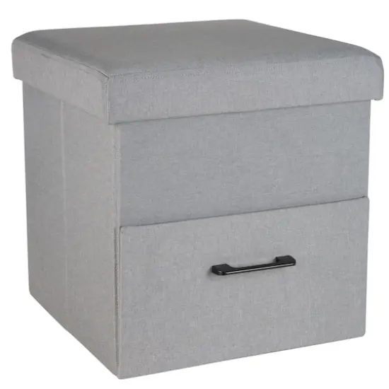Simplify Gray Collapsible Storage Ottoman with Drawer {1}