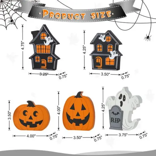 Glitzhome&reg; Halloween Wooden Haunted House, Pumpkin & Ghost Table Block Set {9}