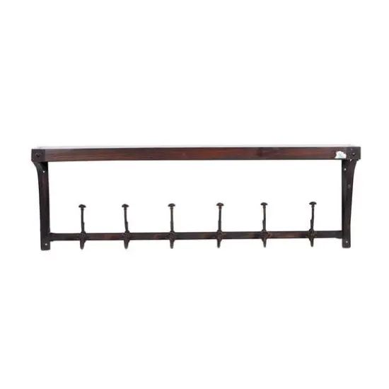 Brown Wood Industrial Wall Hooks with Shelf {3}