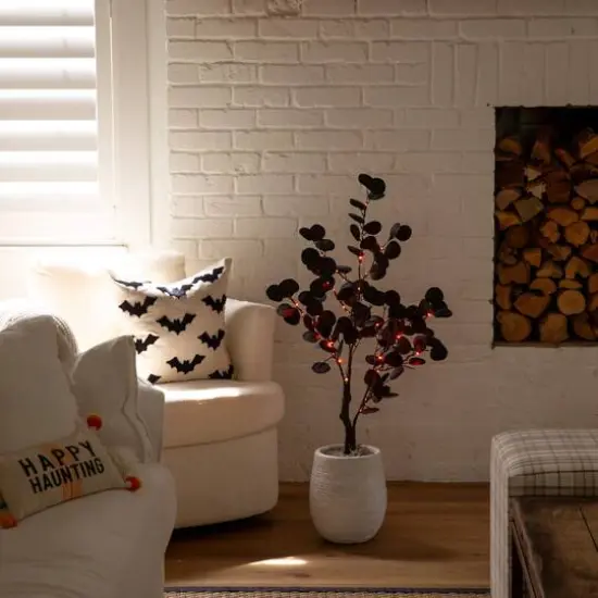 3ft. Pre-Lit Artificial Halloween Black Eucalyptus Tree with 80 Orange & Purple LED Lights {12}