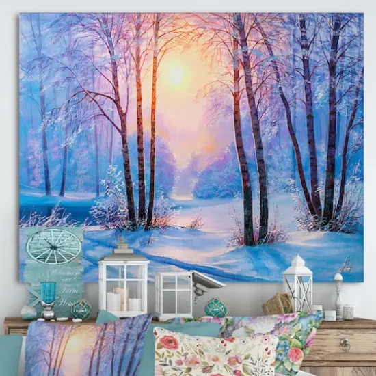 Designart - Warm Sunshine Reflection Over Winter Forest River III - Farmhouse Canvas Wall Art Print {5}