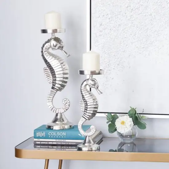 Silver Aluminum Coastal Seahorse Candle Holder Set {9}