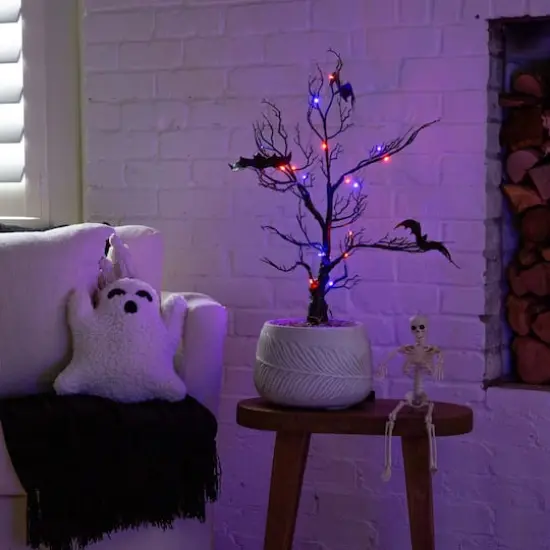 2ft. Pre-Lit Artificial Halloween Black Spooky Twig Tree with Bats and 40 Orange & Purple LED Lights {10}
