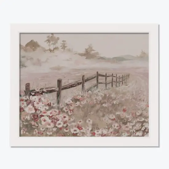 Fence Wildflower Field White Framed Print {1}