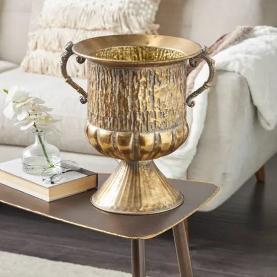 15" Gold Metal Urn Shaped Vase with Hammered Details {9}