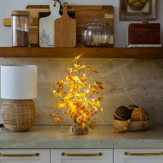 18in. Pre-Lit Autumn Maple Artificial Fall Tree with 30 LED String Lights in Burlap Wrapped Base {9}