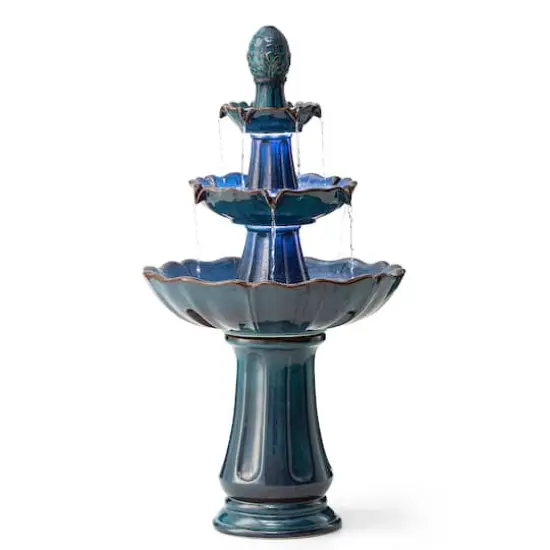 Glitzhome&reg; 45" 3-Tier LED Turquoise Pedestal Lotus Ceramic Outdoor Floor Fountain {1}