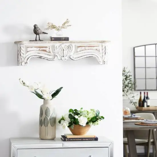 White Wood Vintage Wall Shelf, 9" x 36" x 6" {9}