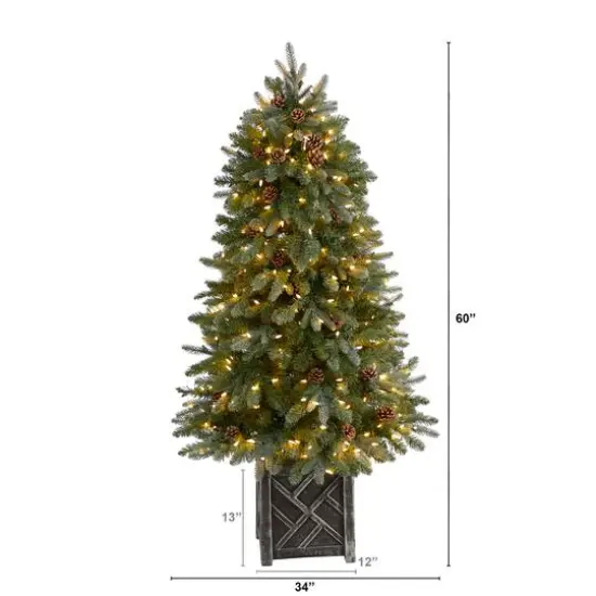 5ft. Pre-Lit Colorado Fir Frosted Artificial Christmas Tree in Planter, White LED Lights {8}