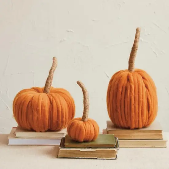 Hello Honey&reg; 8.75" Orange Wide Wool Pumpkin with Jute Wrapped Stem {3}
