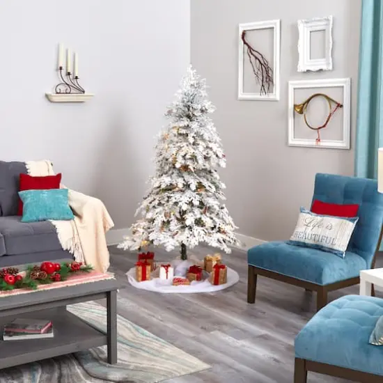 6ft. Pre-Lit Flocked Montana Down Swept Spruce Artificial Christmas Tree with Clear LED Lights {7}