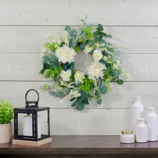20" Peony, Rose & Mixed Foliage Artificial Spring Wreath {3}