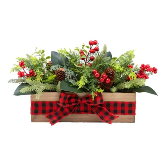17" Christmas Classic Cypress, Pinecone & Berry Centerpiece in Wood Planter with Red Buffalo Check Bow {1}