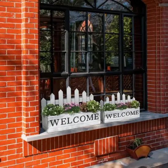 Glitzhome&reg; White Wood WELCOME Fence-Inspired Planter Stand Set {5}