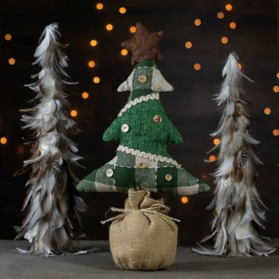 17.5" Tan & Green Rustic Multi-Fabric Standing Christmas Tree Tabletop D&eacute;cor {3}