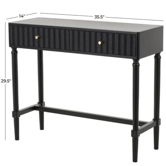 35.5" Black Wood Handmade 2-Drawer Console Table with Gold Handles {8}