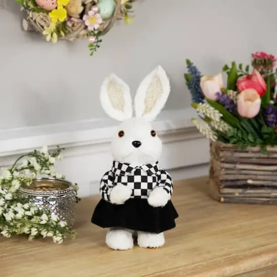 10" Girl Easter Rabbit Figurine in Checkered Dress {3}