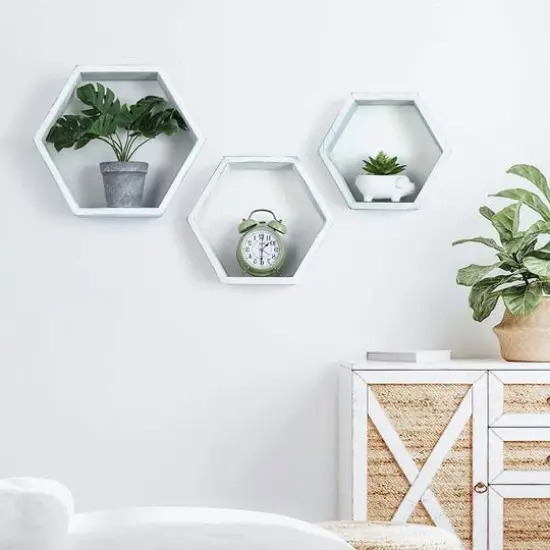 NEX&trade; Light Blue White Rustic Floating Honeycomb Shelf Set {6}