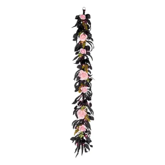 6ft. Cute & Creepy Pink & Black Halloween Flower Pre-Lit LED Garland {4}