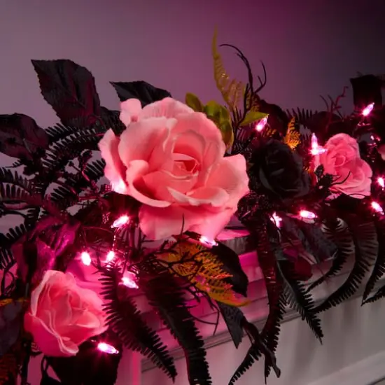 6ft. Cute & Creepy Pink & Black Halloween Flower Pre-Lit LED Garland {3}