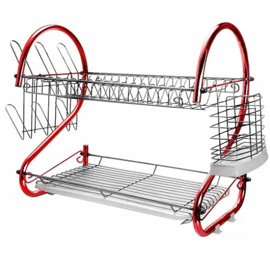 MegaChef 16" Red 2-Shelf Iron Wire Dish Rack {1}