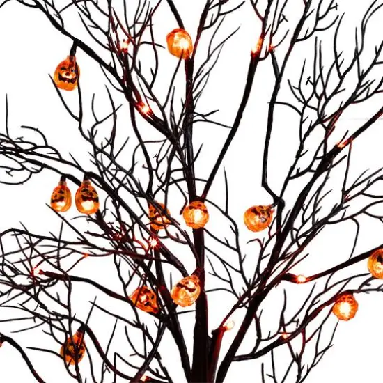 4ft. Pre-Lit Artificial Halloween Black Twig Tree with 24 Orange LED Pumpkin Shaped Lights {6}