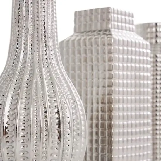 Silver Ceramic Geometric Dimensional Textured Vase Set with Varying Shapes & Grid Patterns {5}