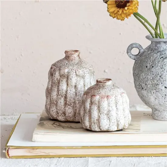 Hello Honey&reg; Cream Terra Cotta Vase with Raised Rectangle Pattern Set {4}