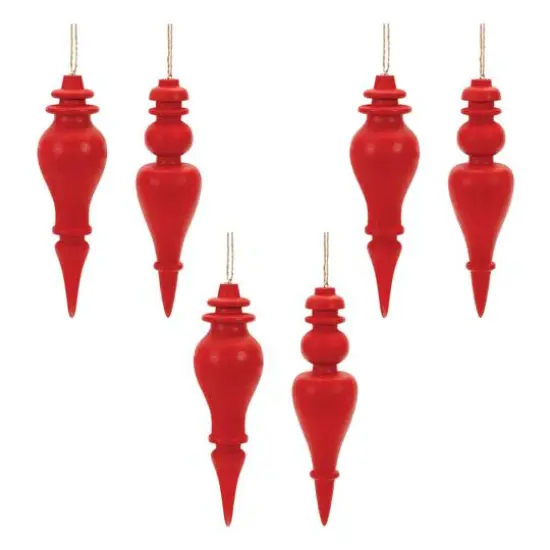 6" Red Wood Finial Drop Ornament Set {6}