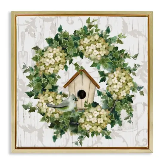 Stupell Industries Spring Birdhouse Wreath Floater Framed Art Gold {1}
