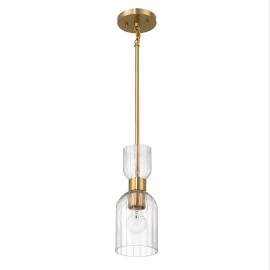 Hello Honey&reg; Josephine Brushed Gold Mid-Century Modern Metal & Clear Ribbed Glass Ceiling Light {1}