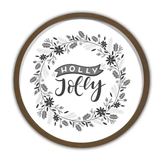 Holly Jolly Wreath Round Brown Framed Print Wall Art {1}