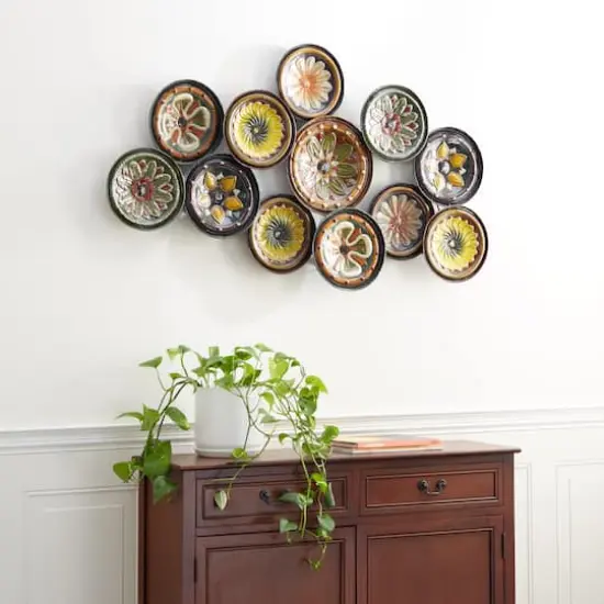 Green & Yellow Iron Floral Plates Wall Decoration {4}