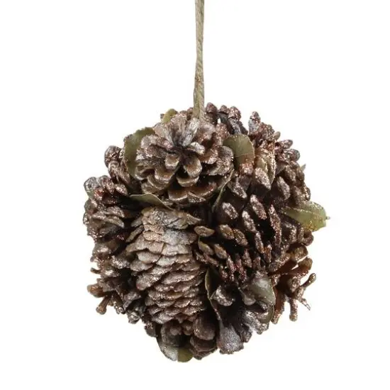 5" Glitter Copper Pine Cone And Leaves Round Ornament {5}