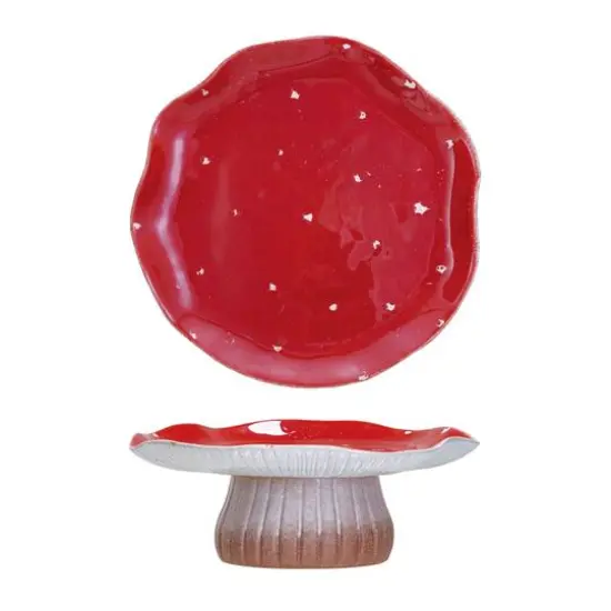 Hello Honey&reg; 10" Red & White Reactive Glaze Round Stoneware Mushroom Pedestal {1}