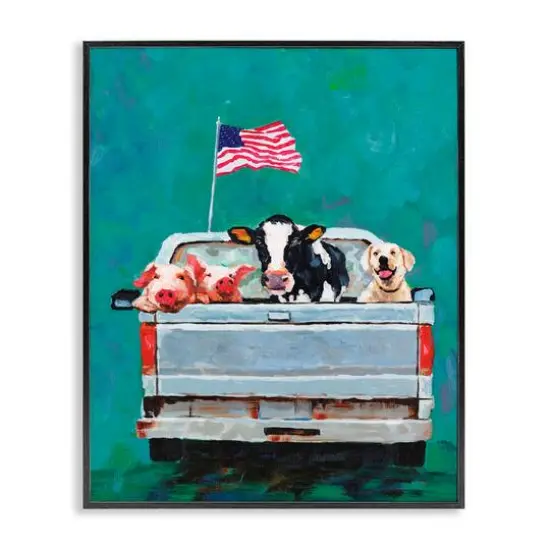 Stupell Industries Farm Animals Pickup Truck Waving American Flag Framed Giclee Art Black {1}