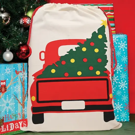 Personality Case&trade; 19" x 26" Red Truck Tree Cotton Christmas Drawstring Bag {3}