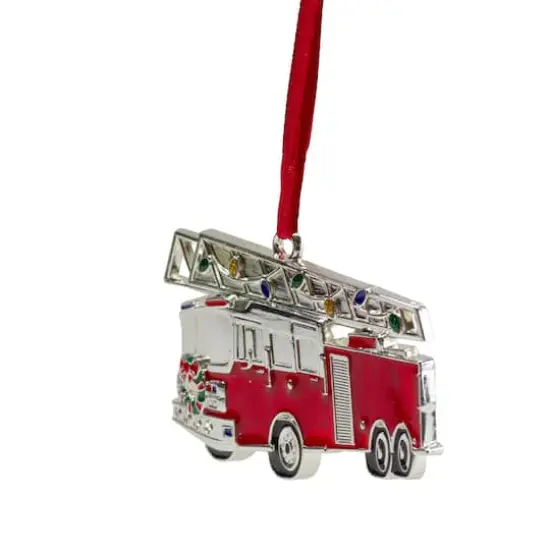 Silver Plated Fire Truck Crystal Embellished Ornament {4}