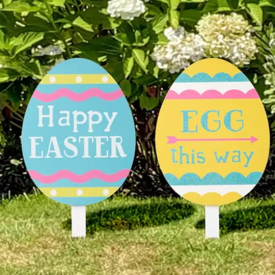 Glitzhome&reg; 15" Wooden Easter Egg Yard Stake Set {5}