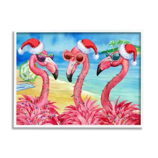 Stupell Industries Holiday Lights Flamingos Beach Framed Giclee Art White {1}