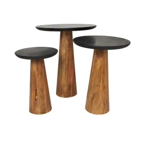 Brown Mango Wood Handmade Cone Shaped Accent Table with Black Tabletop Set {1}