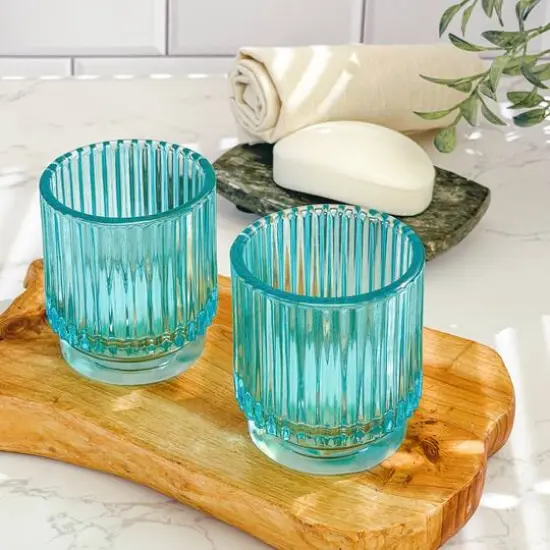 Kate Aspen&reg; Ribbed Blue Glass Votive Candle Holder Set {5}