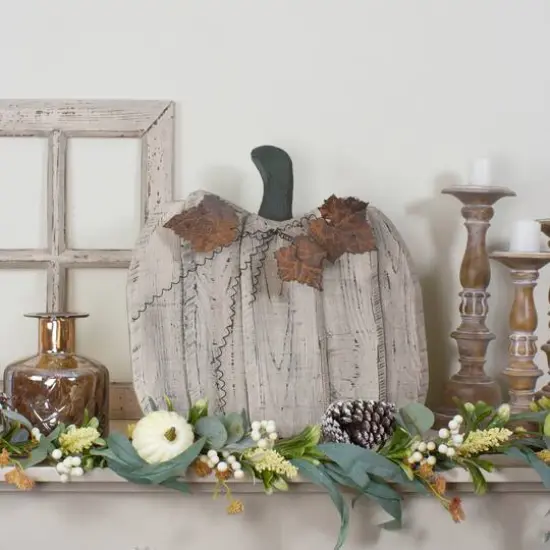 18.5" Large Beige Wooden Fall Harvest Pumpkin with Leaves & Stem {3}